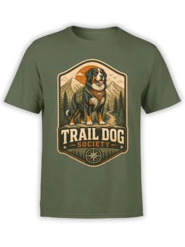 Olive green unisex T-shirt with vintage trail dog society design featuring backpacked dog, mountains, pine forest, and compass badge