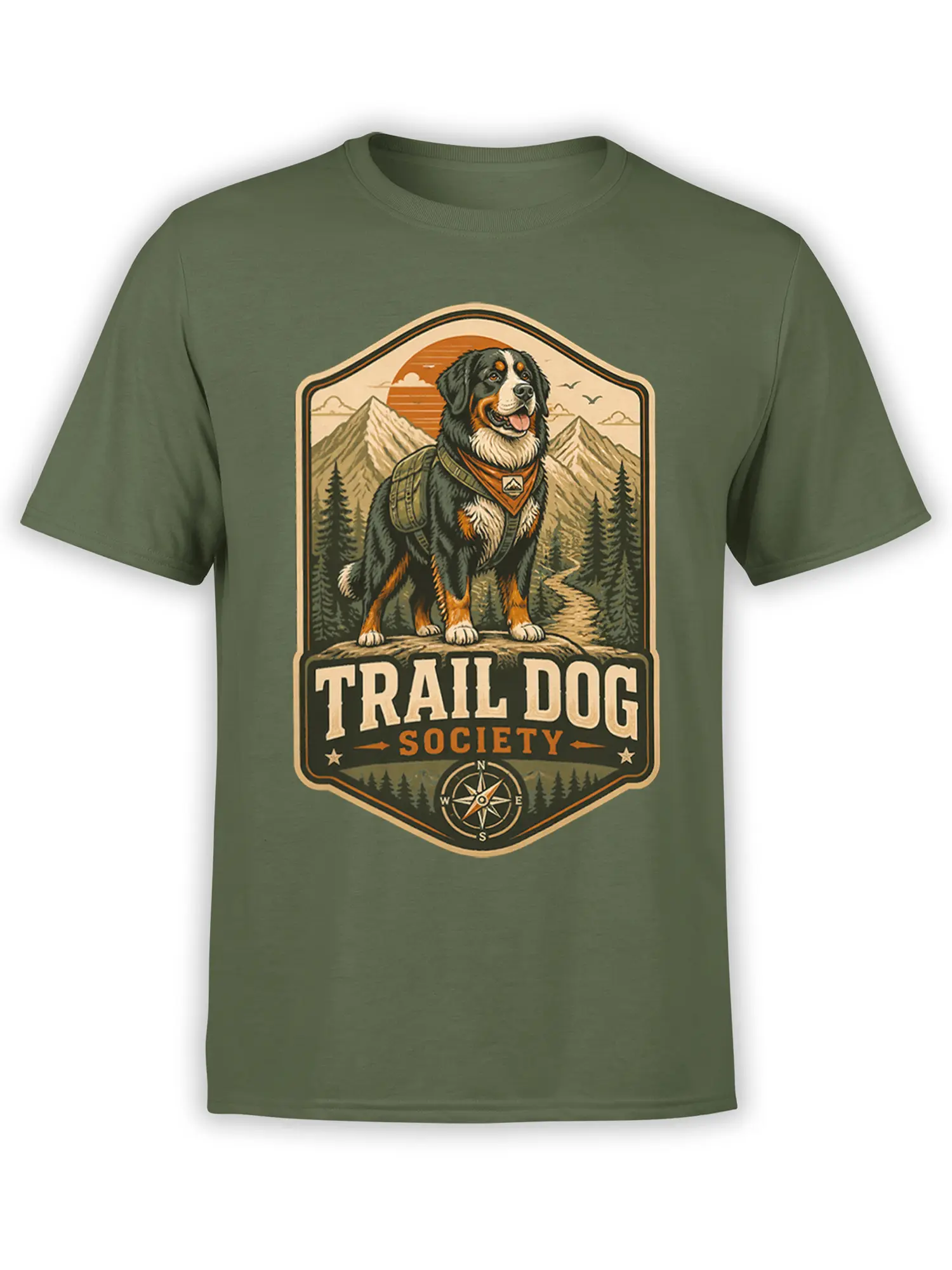 Olive green unisex T-shirt with vintage trail dog society design featuring backpacked dog, mountains, pine forest, and compass badge