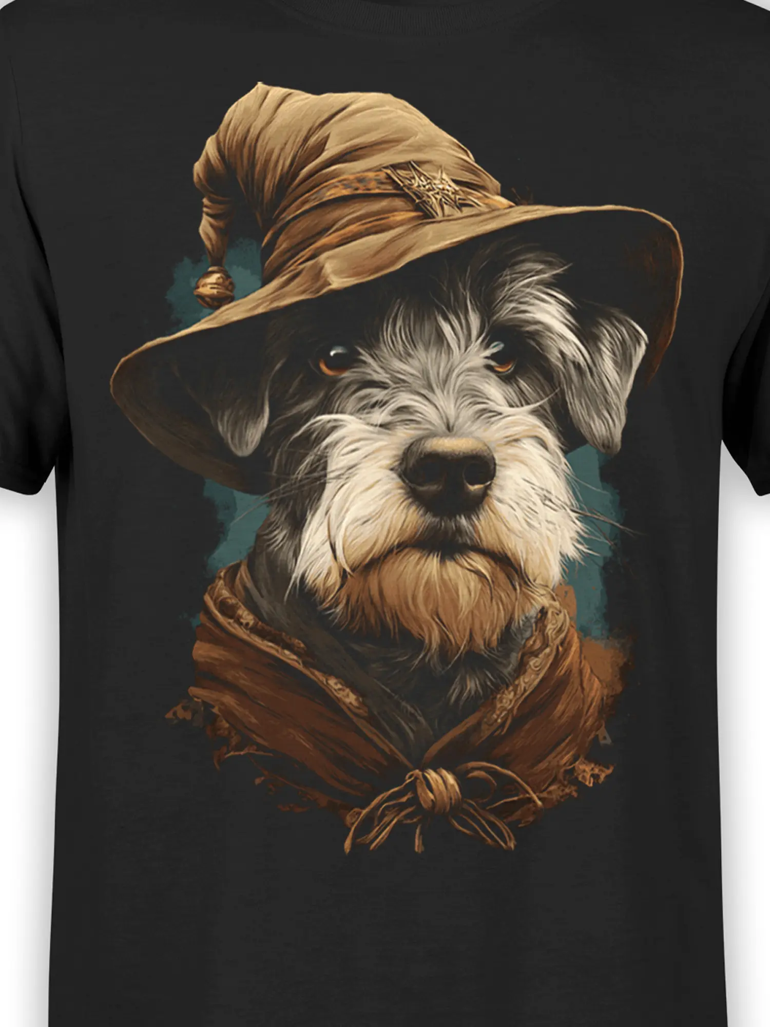 close-up of the detailed wizard dog artwork showing fur texture, brown hat, and cloak on the black t-shirt