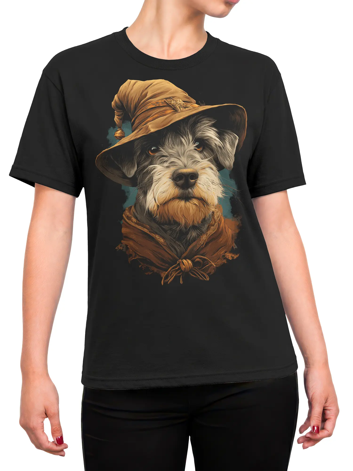 female model wearing black wizard dog t-shirt with realistic dog in hat and cloak centered on chest