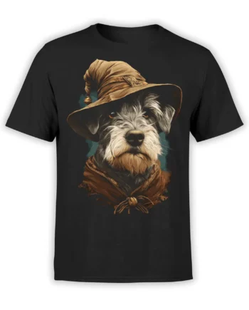 black unisex t-shirt featuring a realistic scruffy wizard dog in a brown hat and cloak with teal and brown painterly background