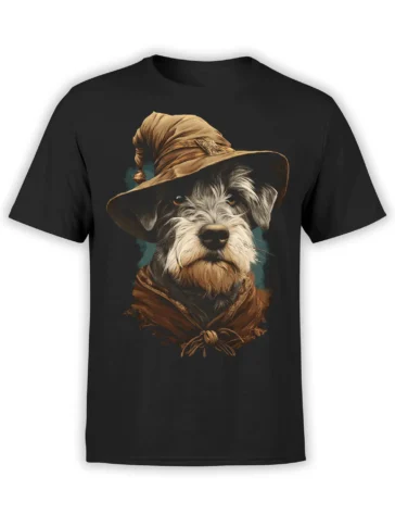 black unisex t-shirt featuring a realistic scruffy wizard dog in a brown hat and cloak with teal and brown painterly background