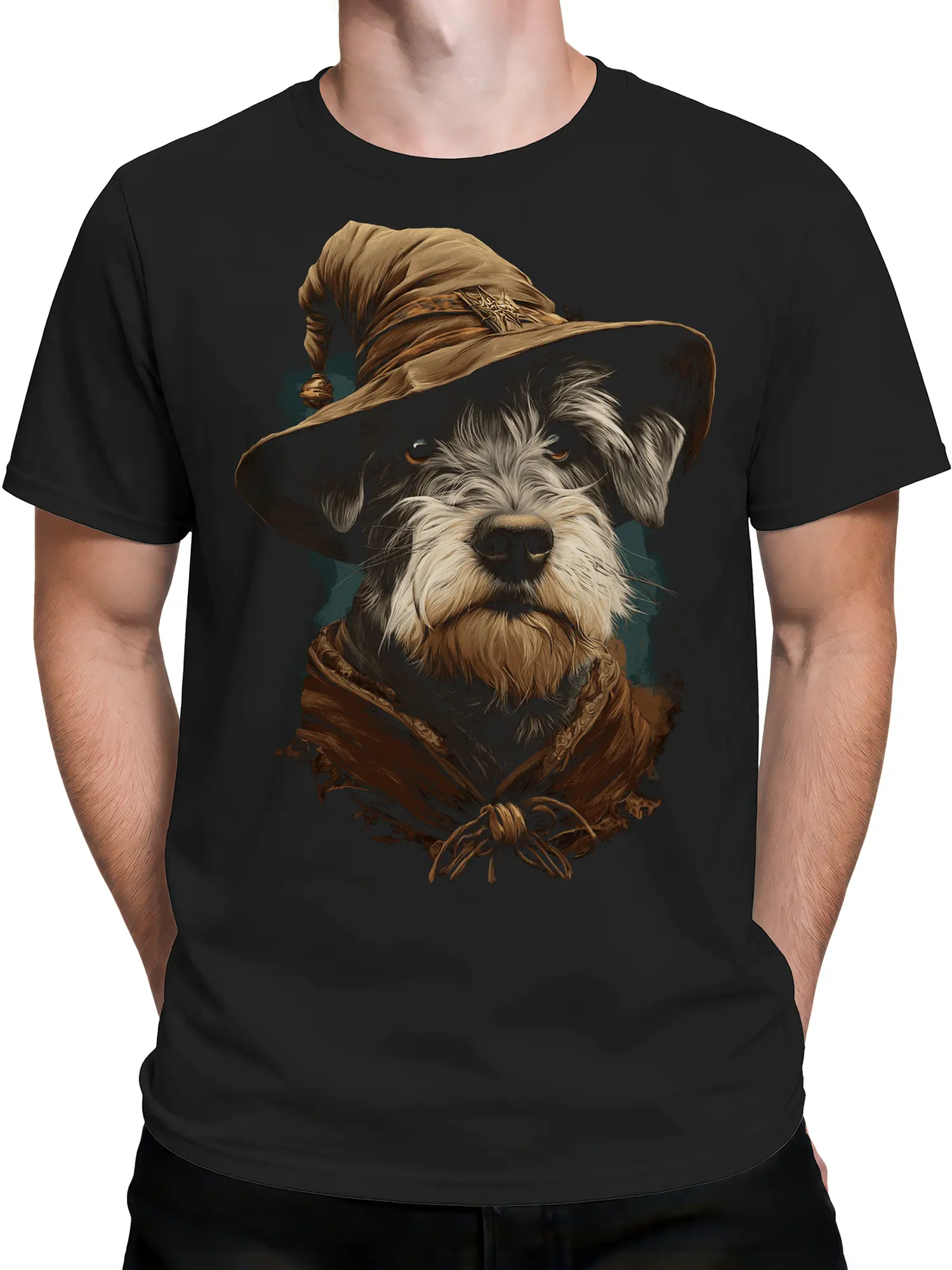 male model wearing black wizard dog t-shirt with scruffy dog in brown wizard hat and cloak