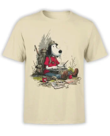 beige unisex shirt with a detailed cartoon camping dog sketching outdoors beside a backpack, boots and coffee mug