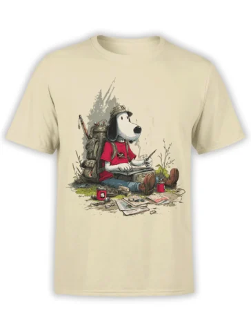 beige unisex shirt with a detailed cartoon camping dog sketching outdoors beside a backpack, boots and coffee mug