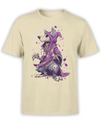 Beige unisex T-shirt featuring a fantasy dog necromancer in a purple hooded robe with skull accents and purple splatter details