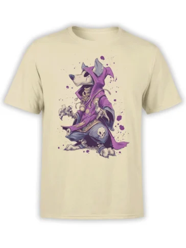 Beige unisex T-shirt featuring a fantasy dog necromancer in a purple hooded robe with skull accents and purple splatter details