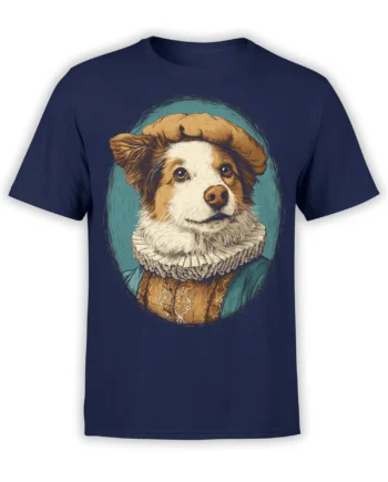 navy unisex t-shirt with a detailed renaissance dog portrait in an oval frame, featuring ruff collar and beret in warm gold and teal tones