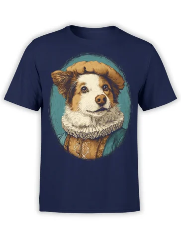 navy unisex t-shirt with a detailed renaissance dog portrait in an oval frame, featuring ruff collar and beret in warm gold and teal tones