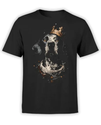 Front view of black t-shirt with regal black-and-white dog wearing golden crown and royal cloak in painterly style