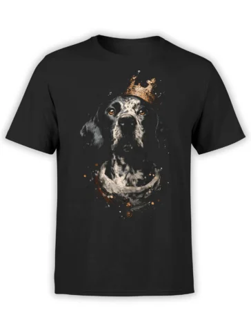 Front view of black t-shirt with regal black-and-white dog wearing golden crown and royal cloak in painterly style