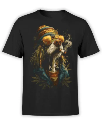 Black unisex t-shirt featuring a detailed reggae-style smoking dog in sunglasses, beanie, and cannabis leaves with bold 420 artwork