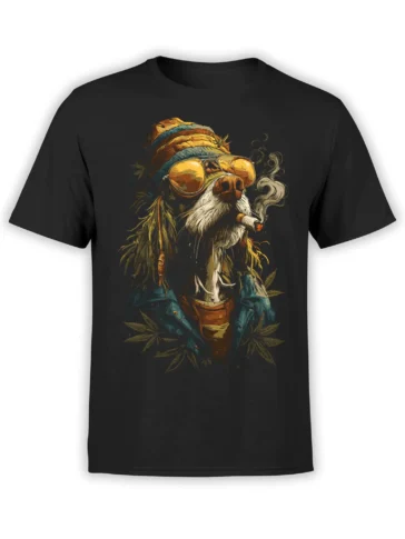 Black unisex t-shirt featuring a detailed reggae-style smoking dog in sunglasses, beanie, and cannabis leaves with bold 420 artwork