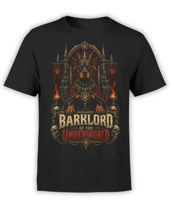 Black t-shirt with a crowned black dog on a flaming skull throne and Barklord of the Underworld text in gothic lettering