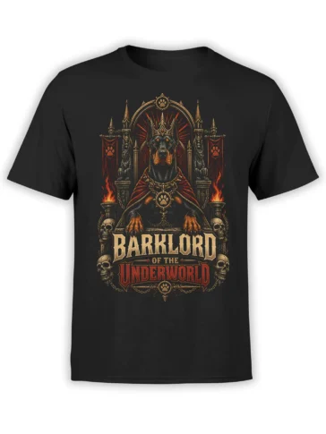 Black t-shirt with a crowned black dog on a flaming skull throne and Barklord of the Underworld text in gothic lettering