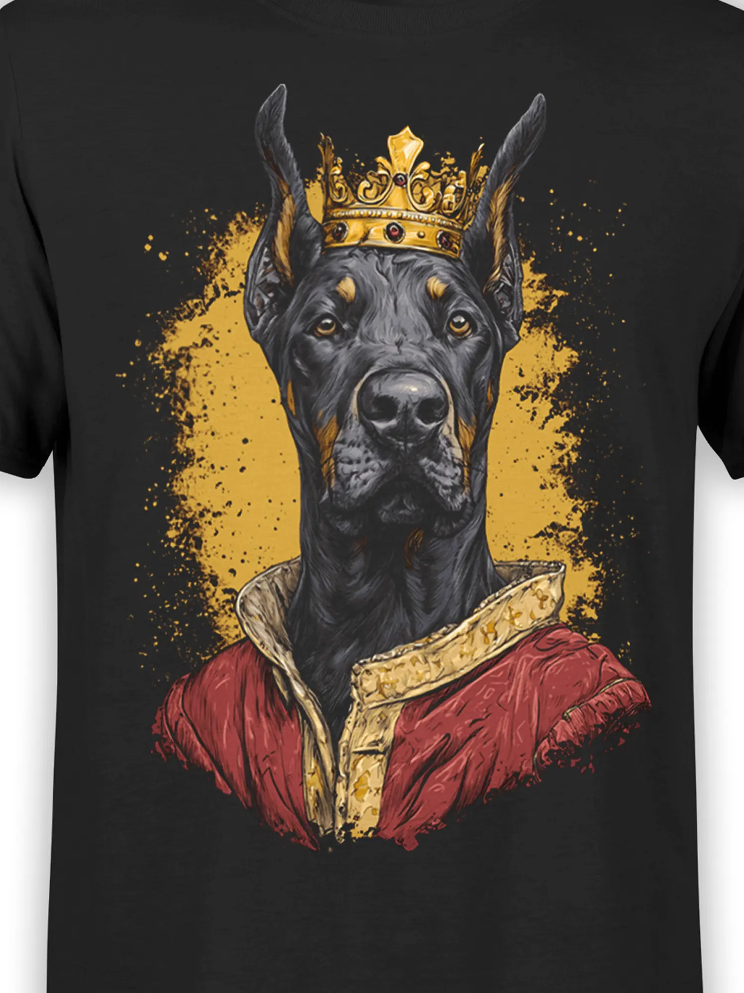close-up of crowned doberman dog illustration with gold crown and red coat on black shirt showing fine graphic detail