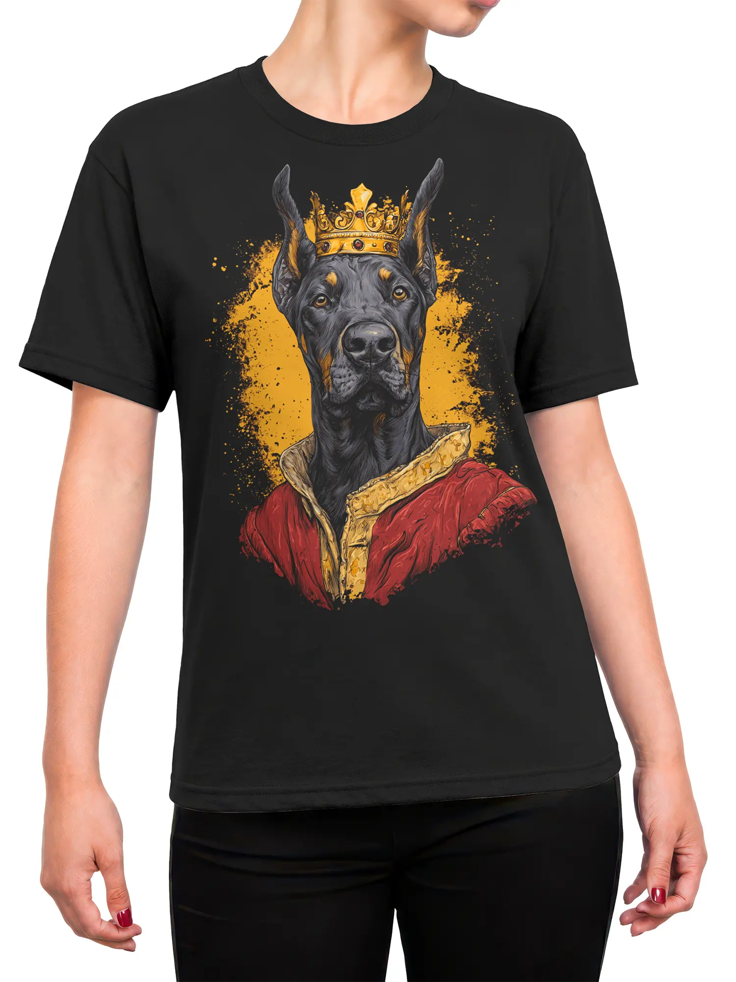 female model wearing black doberman king shirt with crowned dog and red royal coat graphic on front