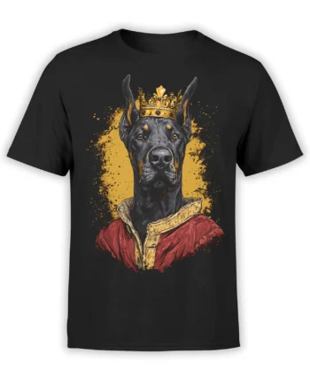 black t-shirt with regal doberman dog wearing a jeweled crown and red royal coat on a gold splash background, displayed flat