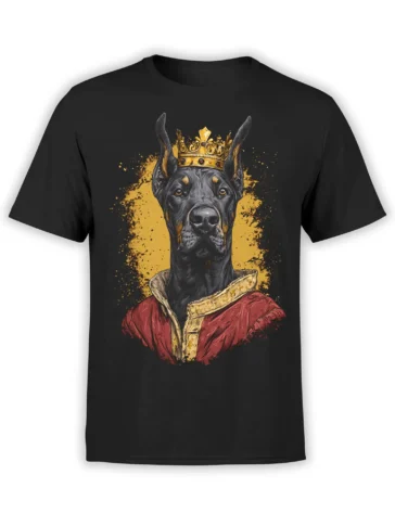 black t-shirt with regal doberman dog wearing a jeweled crown and red royal coat on a gold splash background, displayed flat