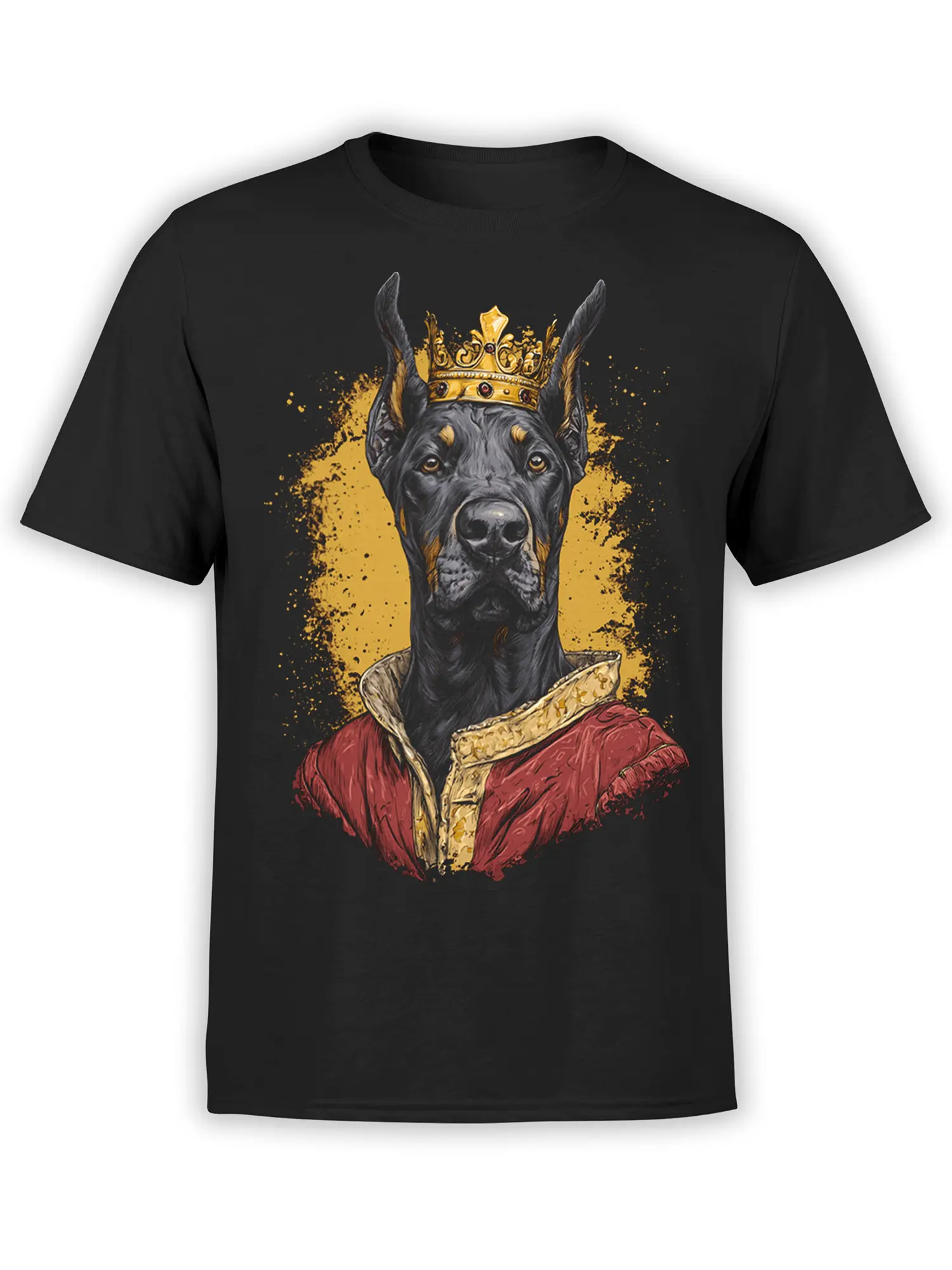 black t-shirt with regal doberman dog wearing a jeweled crown and red royal coat on a gold splash background, displayed flat