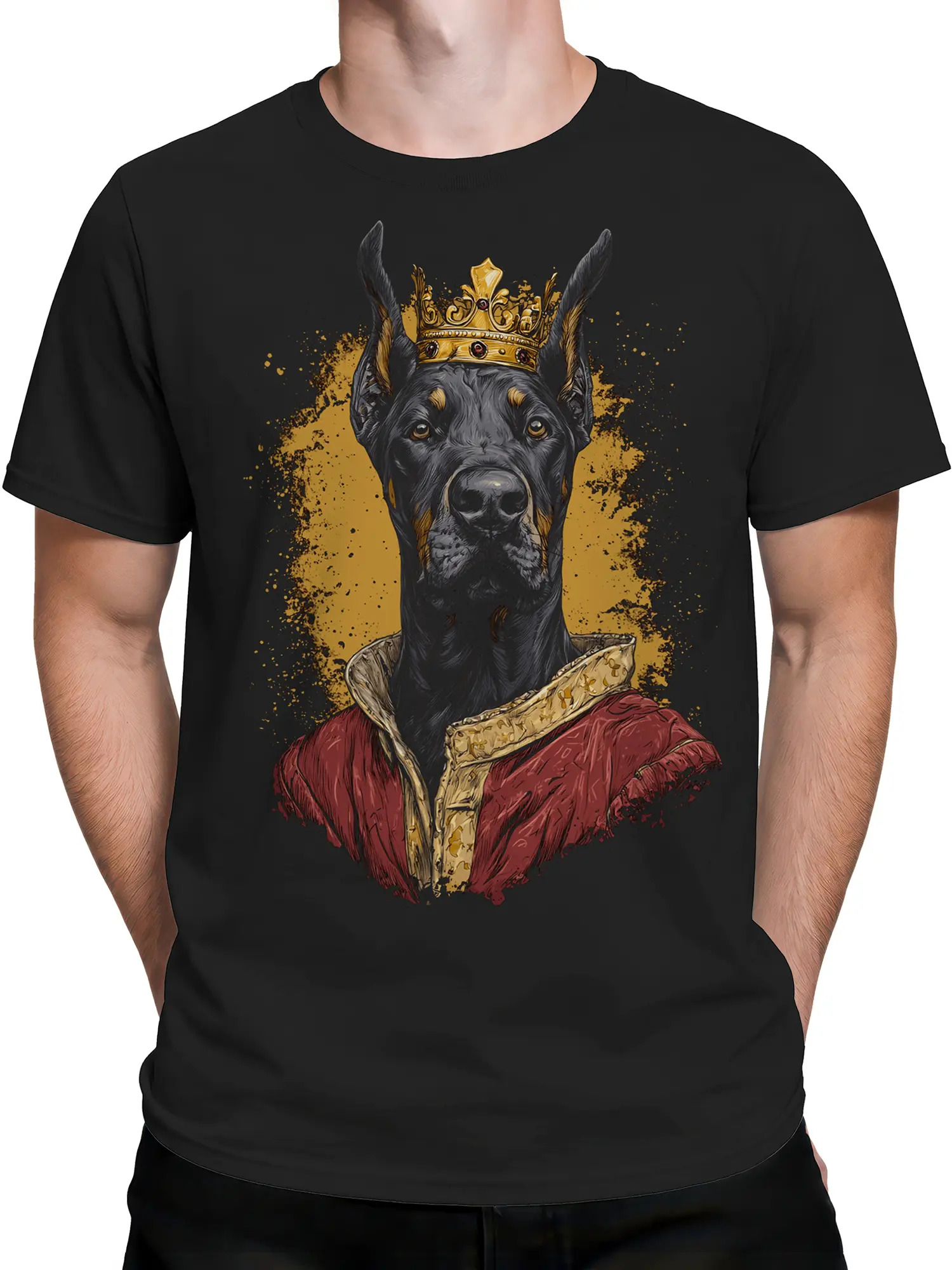 male model wearing black t-shirt with regal doberman king design and gold splash background on chest