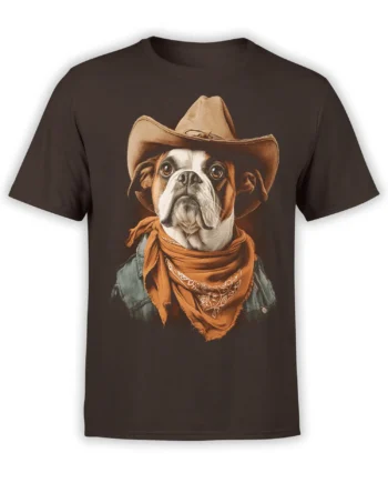 brown unisex t-shirt featuring a detailed cowboy dog portrait wearing a hat and orange bandana in a classic Western style
