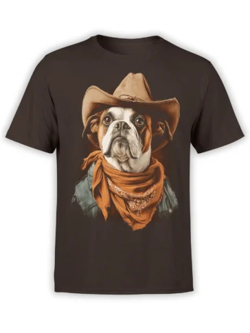brown unisex t-shirt featuring a detailed cowboy dog portrait wearing a hat and orange bandana in a classic Western style