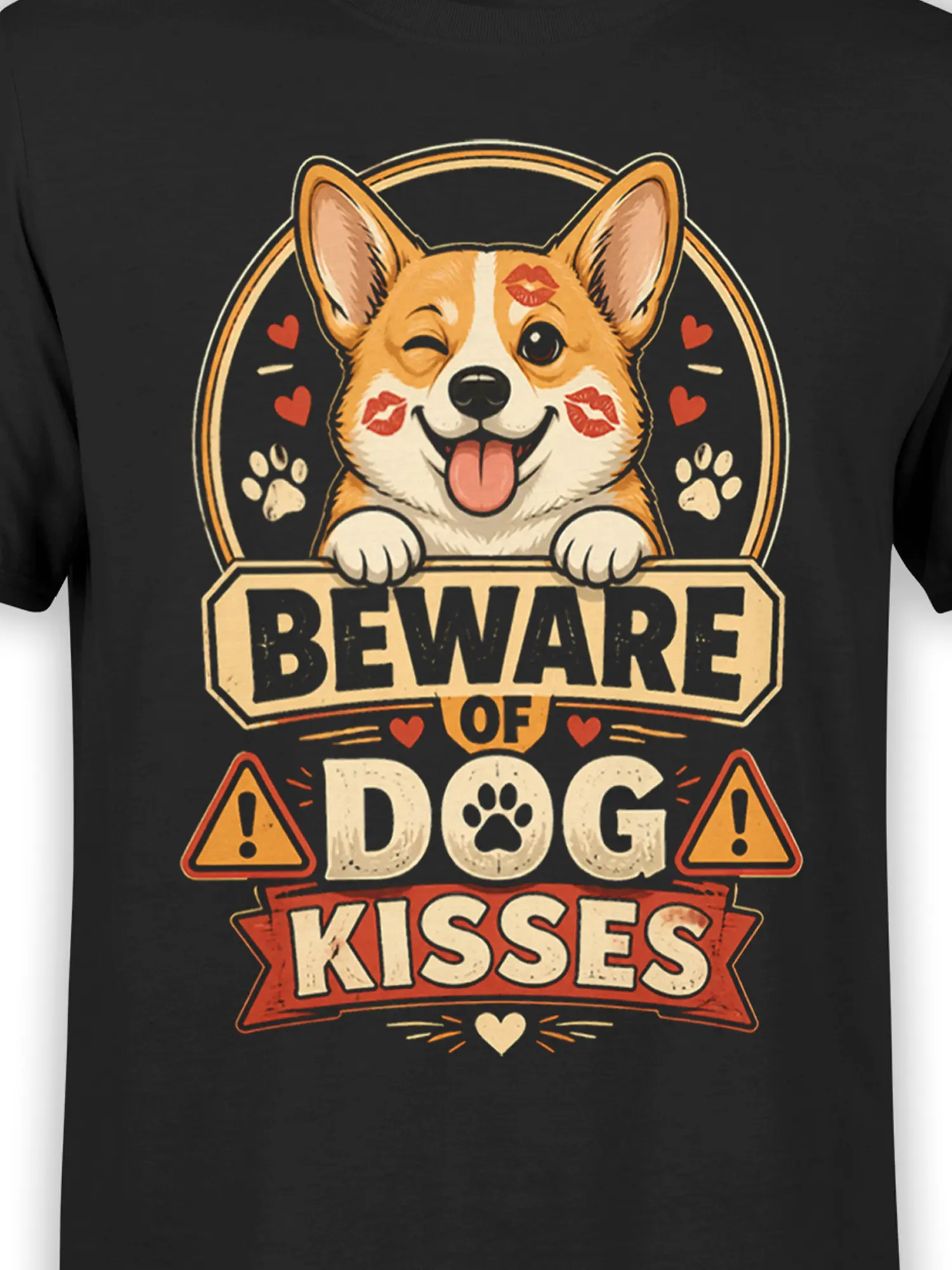 Close-up of the corgi face with lipstick marks and Beware of Dog Kisses text printed on the black cotton fabric