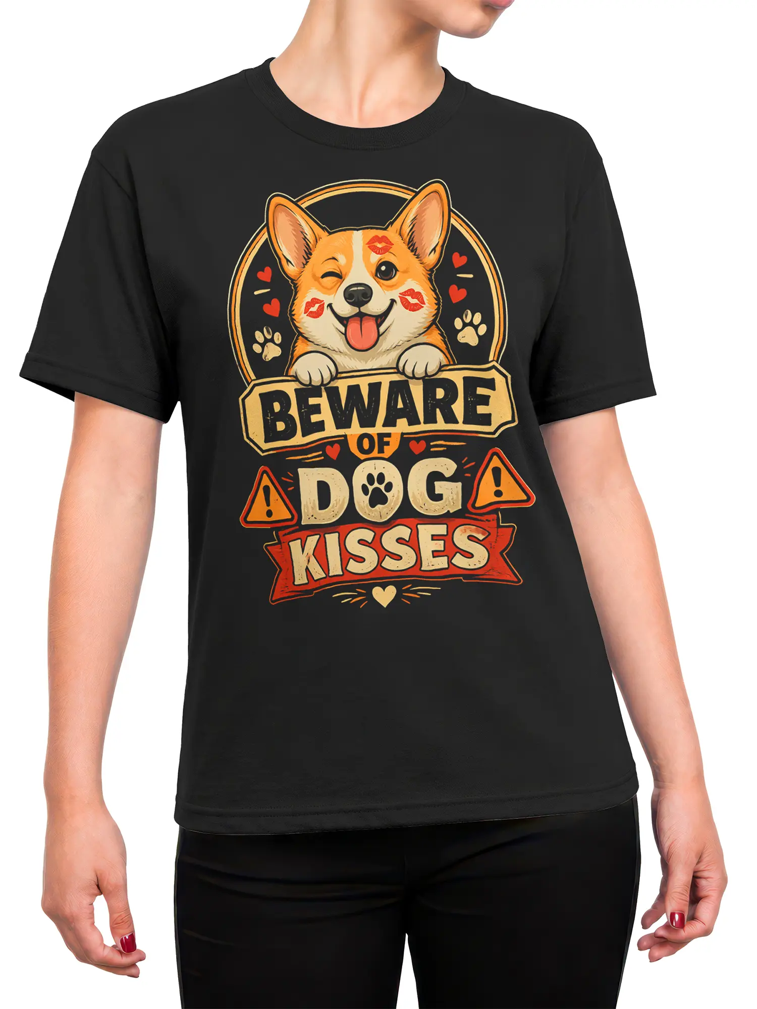Woman wearing black Beware of Dog Kisses corgi shirt, showing relaxed unisex fit and playful dog lover graphic