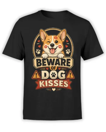 Black unisex t-shirt with a winking corgi covered in lipstick marks and Beware of Dog Kisses slogan in retro red and cream colors
