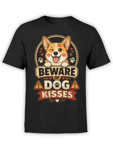 Black unisex t-shirt with a winking corgi covered in lipstick marks and Beware of Dog Kisses slogan in retro red and cream colors