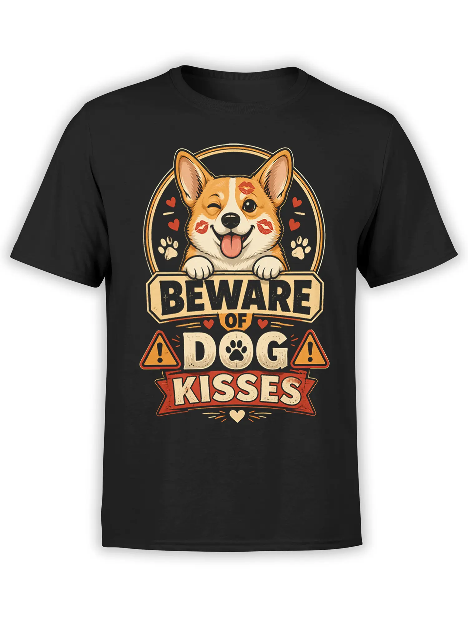 Black unisex t-shirt with a winking corgi covered in lipstick marks and Beware of Dog Kisses slogan in retro red and cream colors
