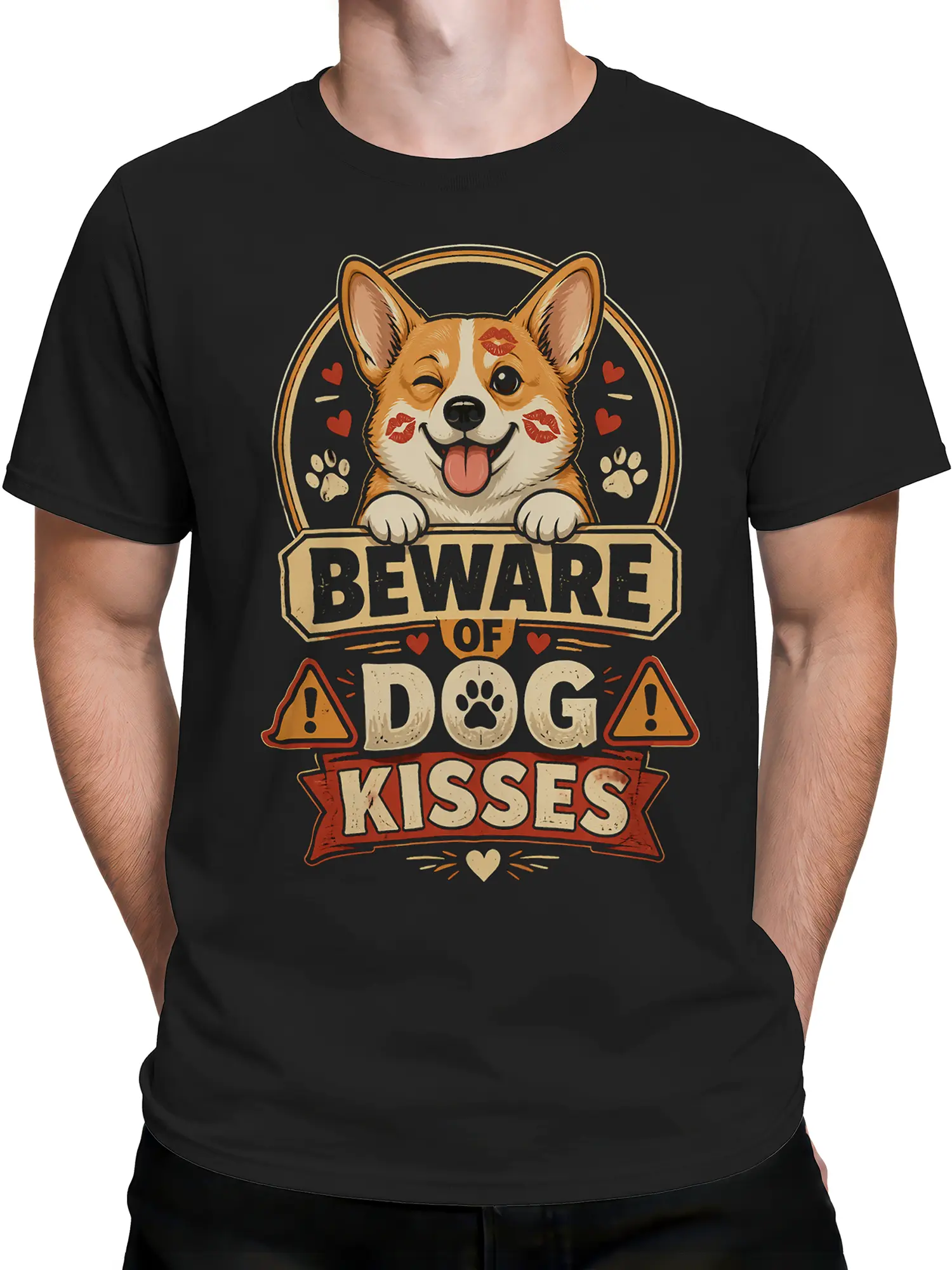 Man wearing black t-shirt with winking corgi and Beware of Dog Kisses text in retro colors