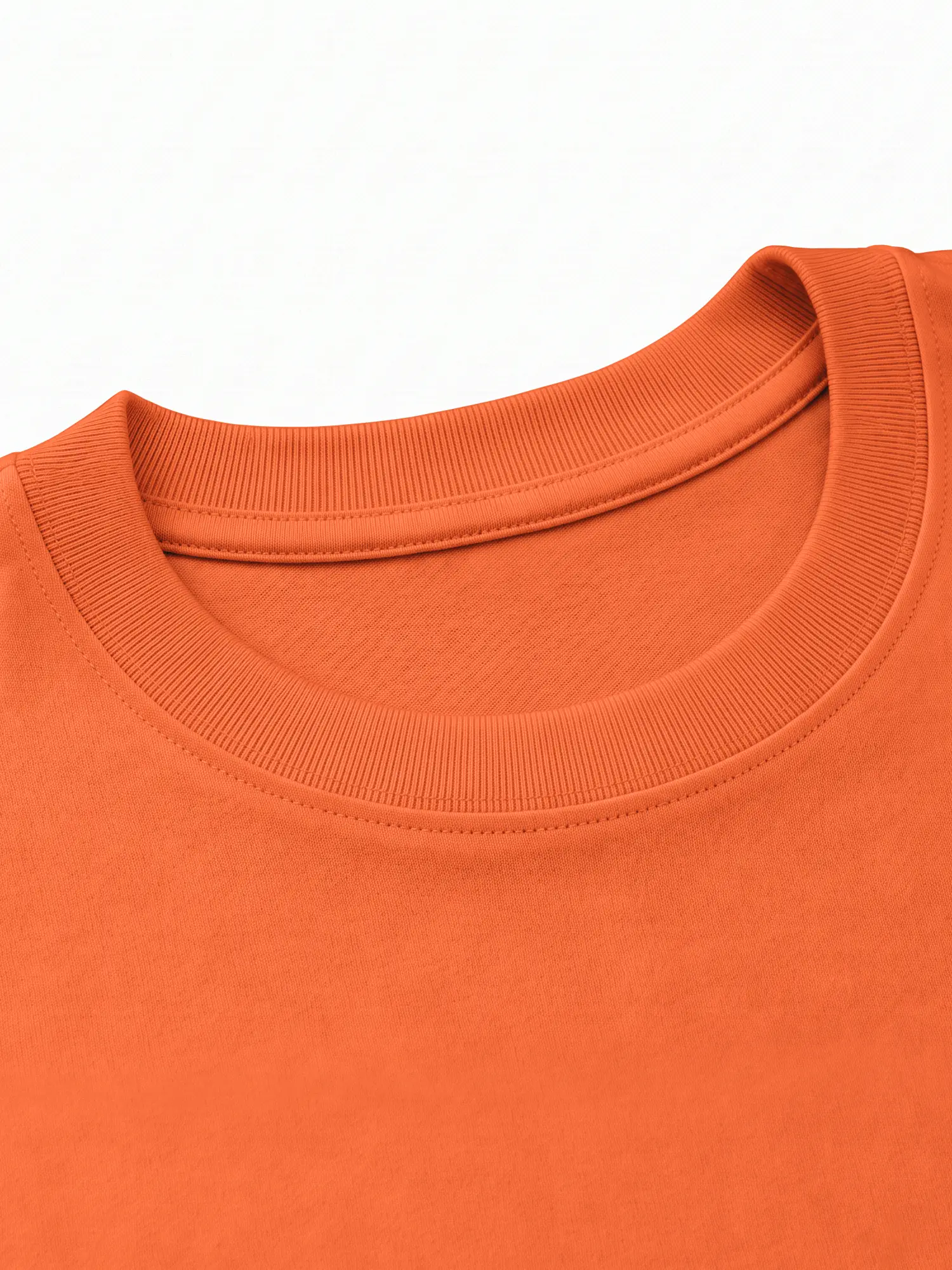 Close-up of the orange t-shirt collar showing soft cotton ribbing and neat stitching.