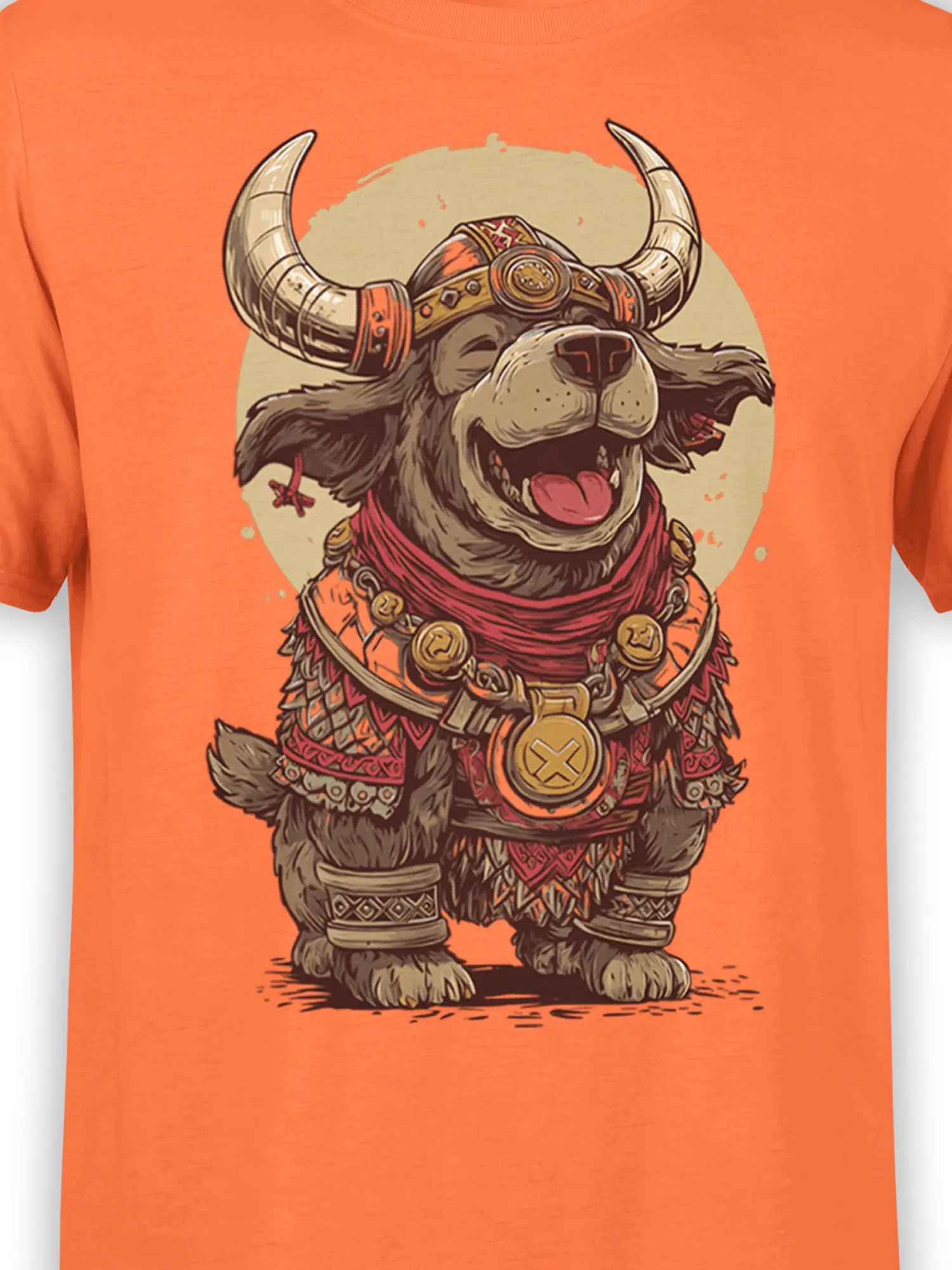 Close-up of the viking dog warrior graphic, highlighting the horned helmet, layered armor, and rich decorative details.