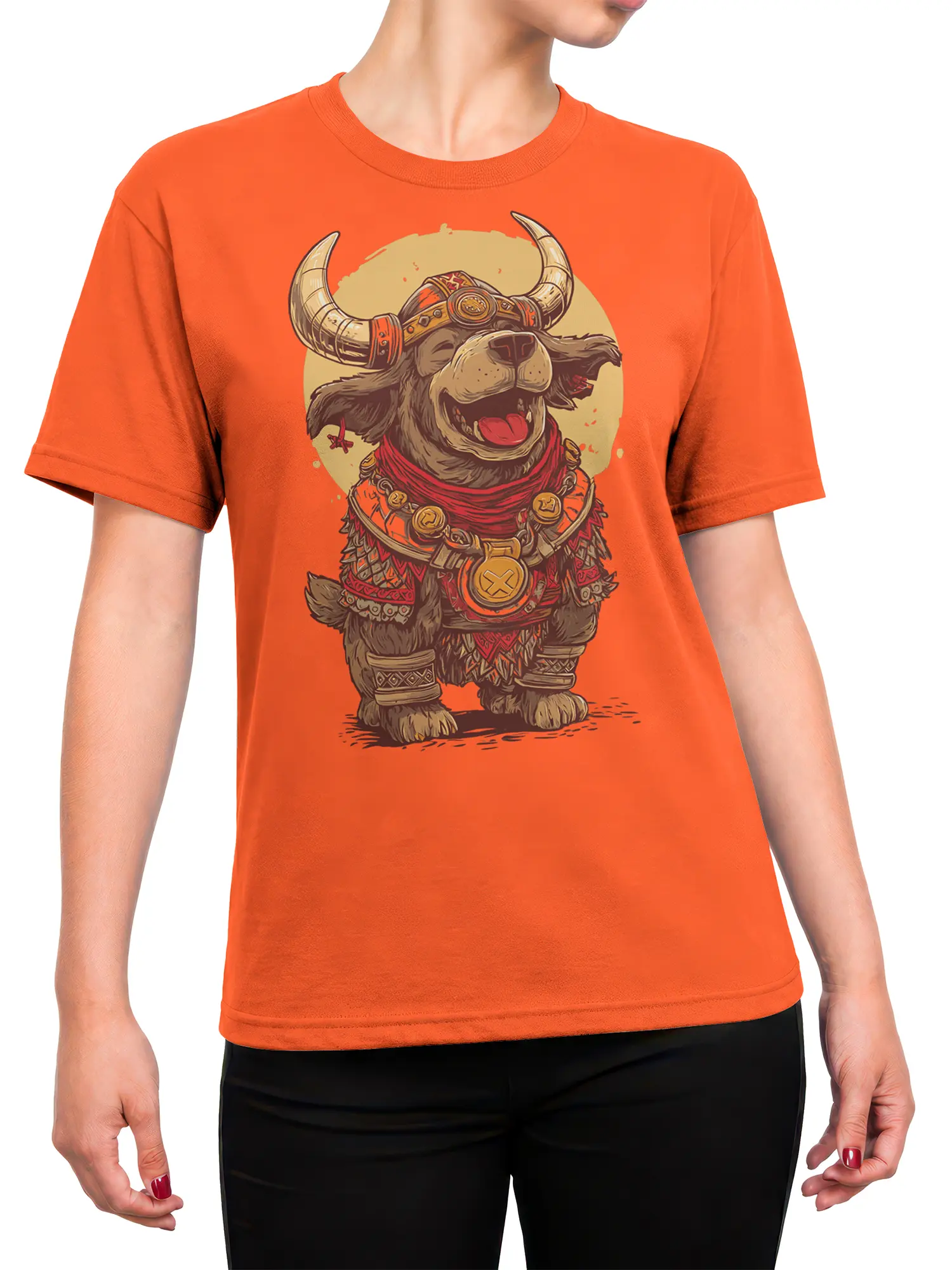 Female model wearing orange viking dog warrior t-shirt with happy armored dog graphic centered on the chest.