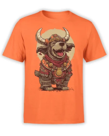 Orange unisex t-shirt featuring a joyful viking dog warrior in detailed armor and horned helmet, perfect for fantasy and dog lovers.
