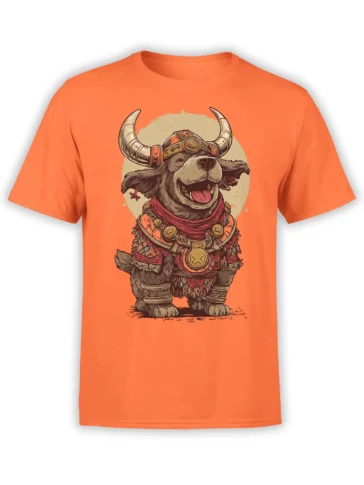 Orange unisex t-shirt featuring a joyful viking dog warrior in detailed armor and horned helmet, perfect for fantasy and dog lovers.