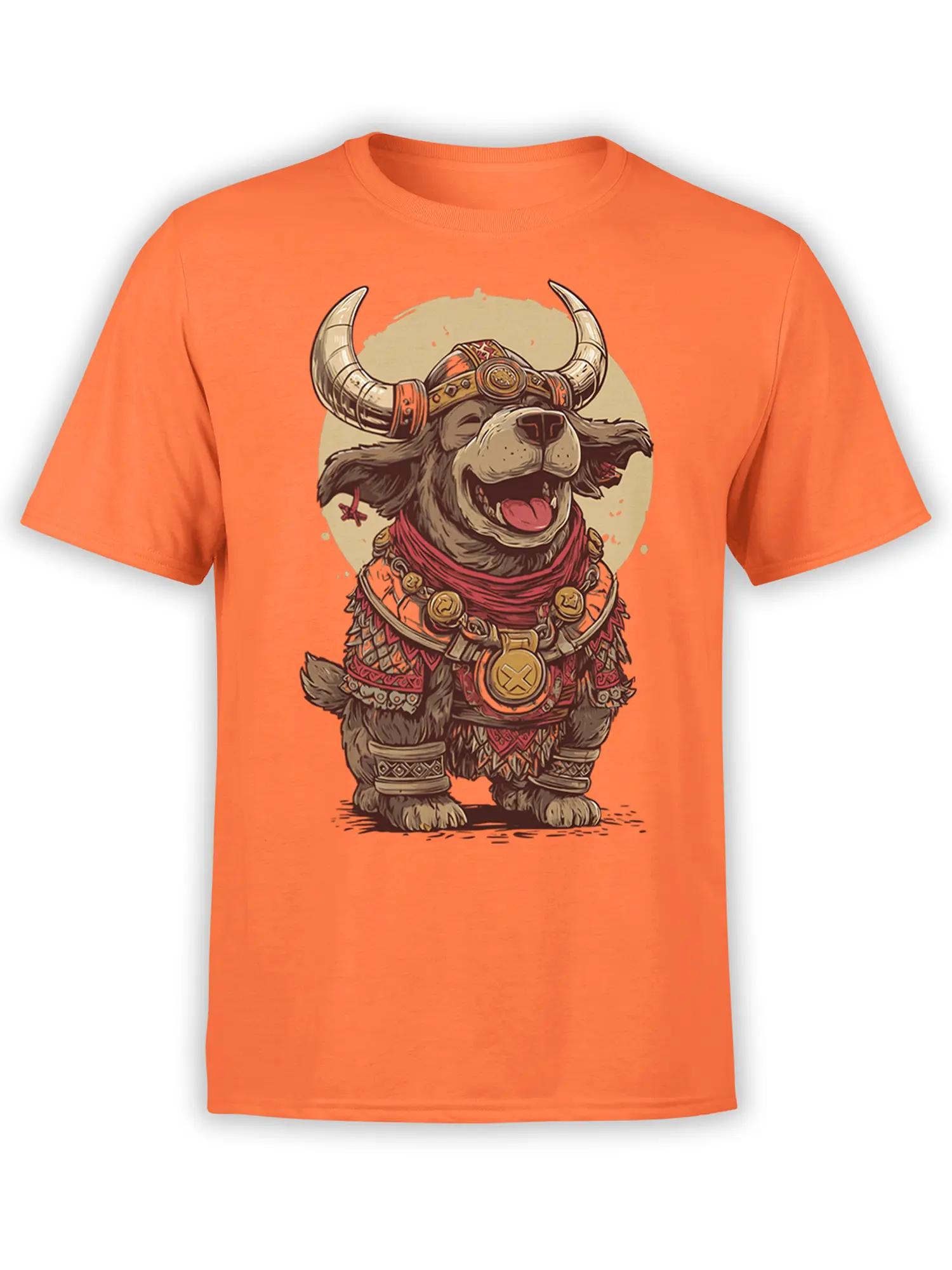 Orange unisex t-shirt featuring a joyful viking dog warrior in detailed armor and horned helmet, perfect for fantasy and dog lovers.