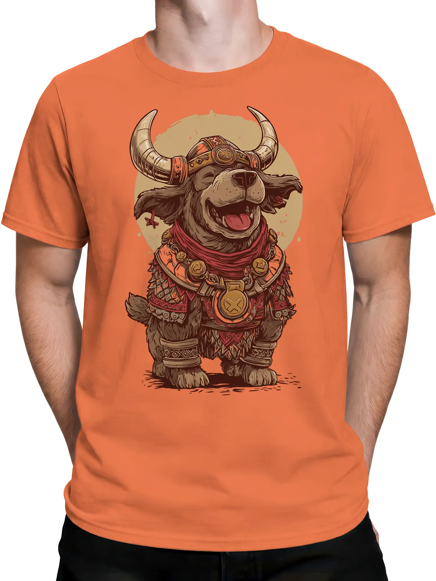 Male model wearing orange t-shirt with joyful viking dog warrior illustration in armor and horned helmet.