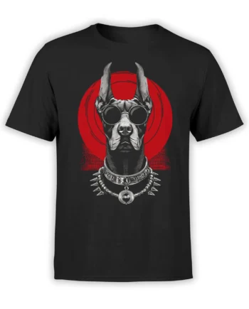 Black unisex T-shirt with futuristic Doberman dog in goggles and spiked collar over a red circular halo graphic
