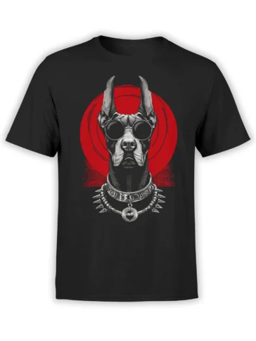 Black unisex T-shirt with futuristic Doberman dog in goggles and spiked collar over a red circular halo graphic