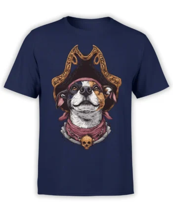 navy unisex t-shirt with detailed pirate dog artwork wearing an ornate tricorn hat, red bandana, and golden skull medallion