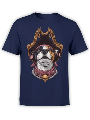 navy unisex t-shirt with detailed pirate dog artwork wearing an ornate tricorn hat, red bandana, and golden skull medallion