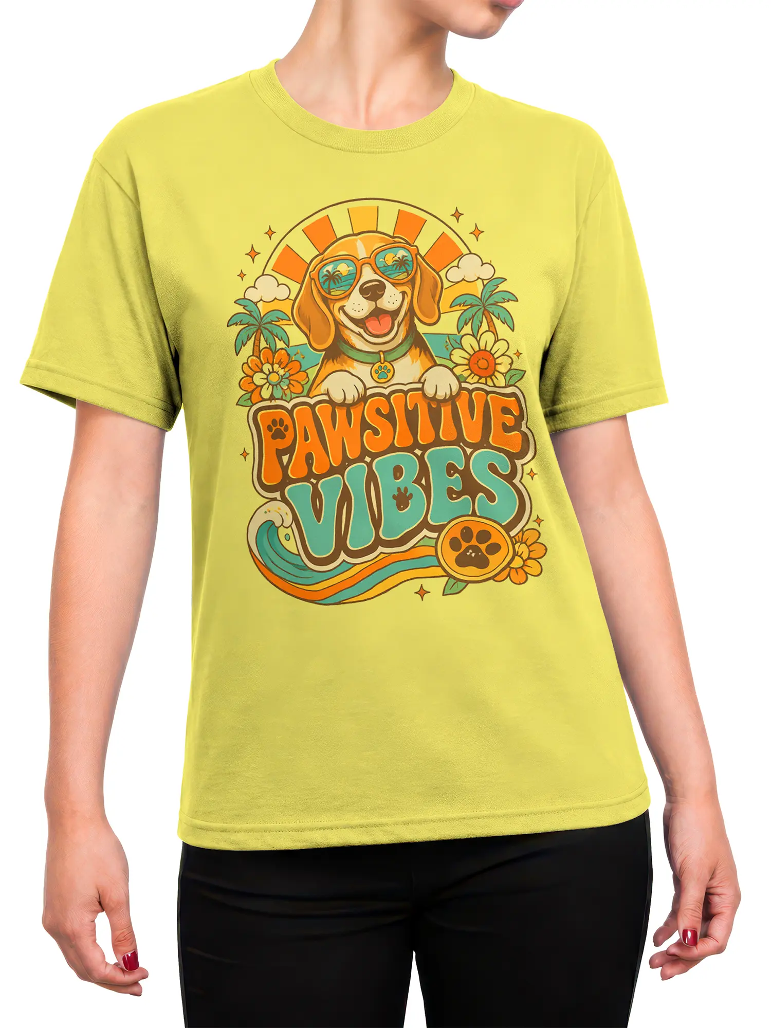 Woman wearing yellow Pawsitive Vibes dog shirt with retro beach graphic