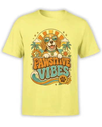 Yellow unisex t-shirt with retro Pawsitive Vibes dog graphic featuring sunglasses, palm trees, flowers and a wave