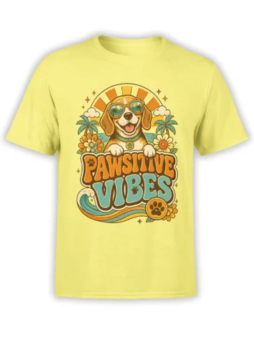 Yellow unisex t-shirt with retro Pawsitive Vibes dog graphic featuring sunglasses, palm trees, flowers and a wave