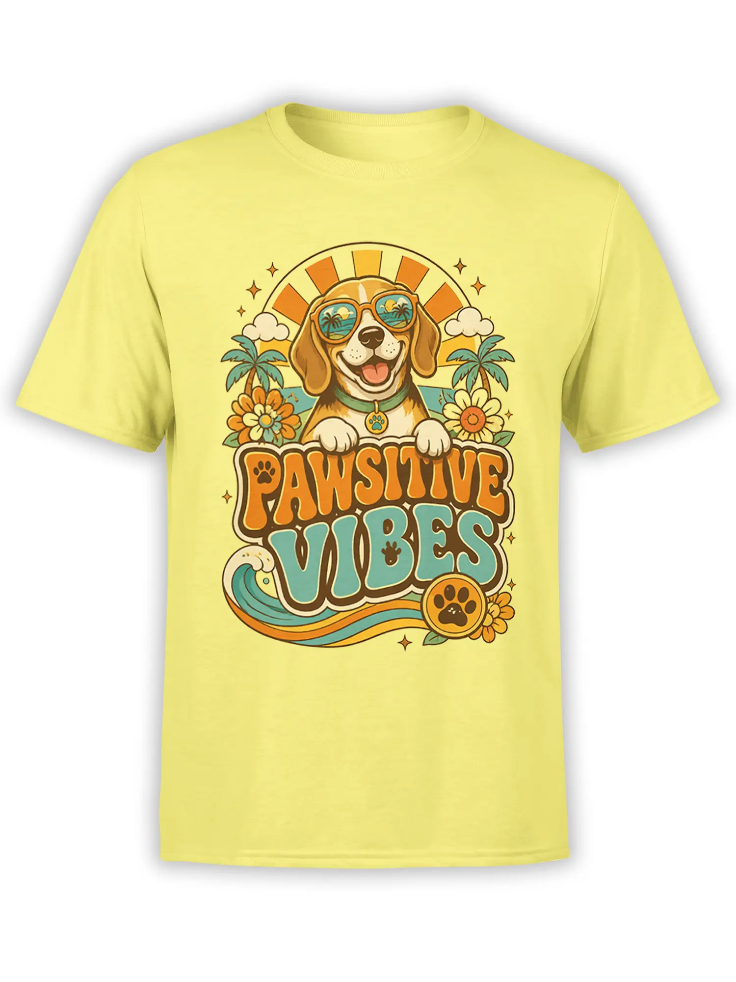 Yellow unisex t-shirt with retro Pawsitive Vibes dog graphic featuring sunglasses, palm trees, flowers and a wave