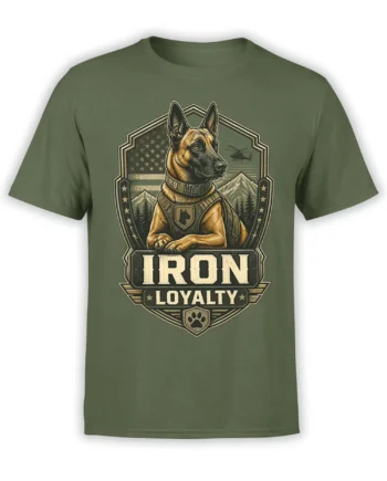 Military K9 dog “Iron Loyalty” graphic printed on a green unisex t-shirt with US flag, mountains, and helicopter background