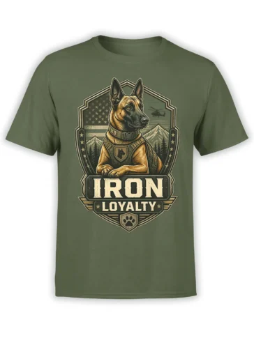 Military K9 dog “Iron Loyalty” graphic printed on a green unisex t-shirt with US flag, mountains, and helicopter background